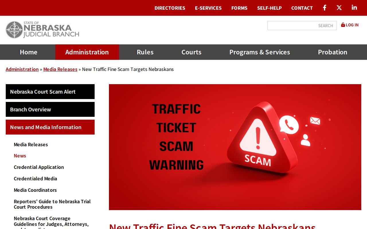 Brady traffic court docket image of the official Nebraska Judicial Branch traffic-fine scam warning